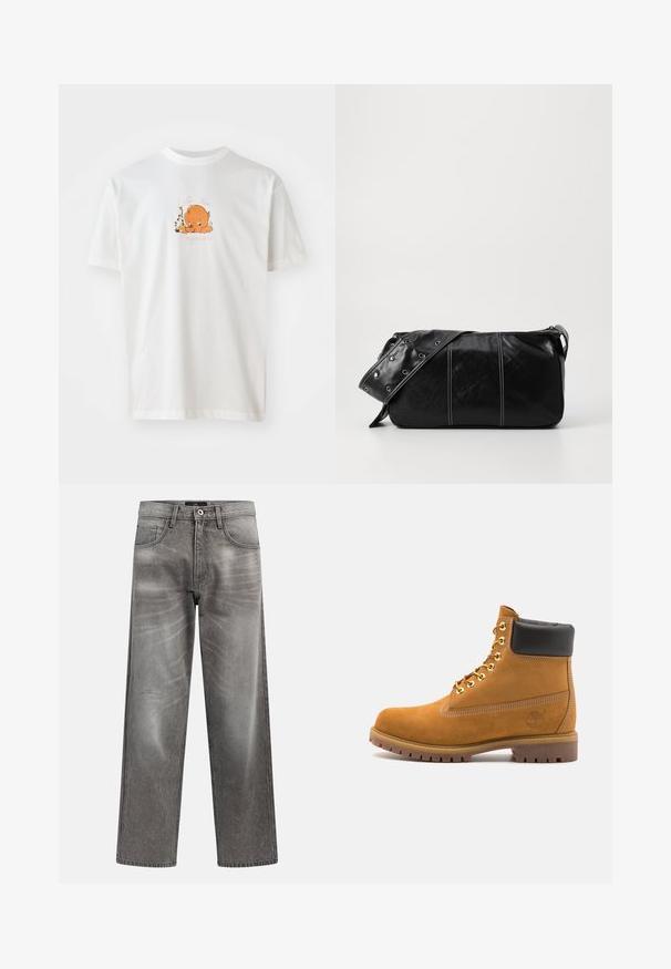 Valge puuvillane T-särk ümmarguse kaelusega. Ees on oranž joonistatud tegelane, keda ümbritsevad lilled ja roosa tekst.; Hallid teksariidest laiade säärelahendustega teksapüksid kulunud efektiga, klassikalise viie tasku disainiga ja metallist nööbiga sulguriga. Tekstuuriga kangas peente kulumisdetailidega.; Küpset tan suede sääreboot musta pehmea kraega, kuldsed metallist silmad, valge õmblemise detailid ja robustne kummist tallaga, millel on väljendunud mustrid.; Must mustra nahkainine õlakott, millel on tõmblukk, tekstureeritud pind, valged õmblused ja rihm hõbedaste rõngastega.