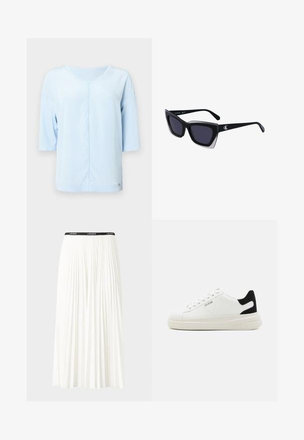 Hellblaues Kurzarmoberteil aus weichem Stoff. Verfügt über einen Rundhalsausschnitt und eine zentrale Nahtdetail. Minimale Verzierungen am Saum.; Faltenrock aus Weiß mit einem schwarzen elastischen Bund, der das "LACOSTE"-Logo trägt. Mittellanges Design mit weicher Textur.; Weiße Leder-Sneaker mit einer dicken weißen Sohle, schwarzem Wildlederakzent an der Ferse und geprägtem Logo an der Seite. Schnürdesign mit sechs Ösen.; Schwarze übergroße Sonnenbrille mit geometrischer Form, ausgestattet mit dunklen Gläsern und einem kontrastierenden grauen Detail im Rahmen. Logo am Bügel.