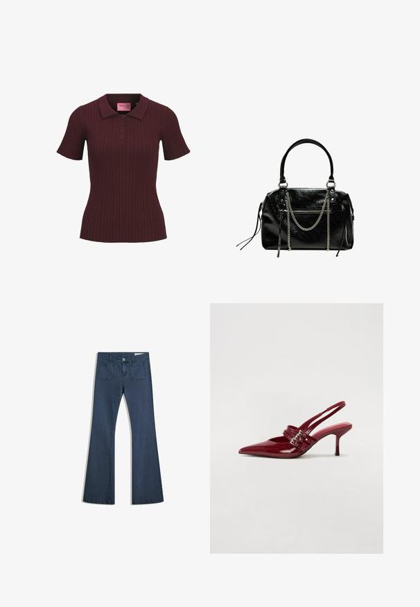 Bordó, rövid ujjú, bordázott póló, négy gombbal és hegyes gallérral, fitted derékkal és JJXX rózsaszín címkével a gallér belsejében.; Sötétkék, bőszárú farmernadrág, varrott zsebekkel, gombos záródással és sima felülettel. Klasszikus ötpocket dizájnnal rendelkezik.; Piros lakkbőr slingback sarokcipő, hegyes orral, két csatoló pánttal és vékony, közepes magasságú stiletto sarokkal. Simább textúrájú.; Bershka WITH CHAIN - Kézitáska - black
