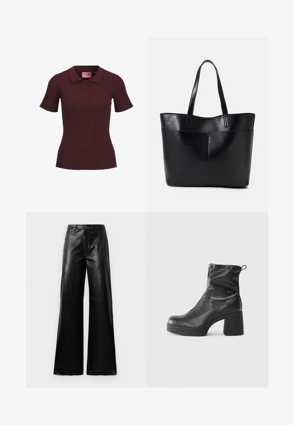 Burgundy kortärmad ribbad polotröja med fyra knappar och spetskrage, figursydd midja och JJXX rosa etikett innanför kragen.; Svarta högmidjade vida byxor i konstläder med framknapp, dragkedjestängning, bältesöglor och sidofickor på vit bakgrund.; Svarta ankelstövlar i slitstark läder, med sidodragkedja, kraftig strukturerad klack och rundad tådesign.; Svart läder tote-väska med två långa handtag, en slät yta och en strukturerad form. Har en framficka för extra förvaring.