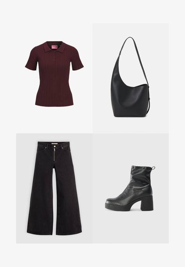 Polo de culoare burgundă cu mânecă scurtă, cu riburi, patru butoane și guler ascuțit, talie ajustată și eticheta roz JJXX în interiorul gulerașului.; Jeans cu picioare largi din denim negru, cu fermoar în față, design cu cinci buzunare și detalii subtile de cusătură. Textură netedă și stil casual.; Bocanci negri de glezna din piele netedă, cu fermoar lateral, toc texturat și masiv, și design cu vârf rotund.; Geantă hobo din piele neagră, cu o textură netedă, formă curbată și un singur bretele ajustabil; are o deschidere largă în partea de sus.