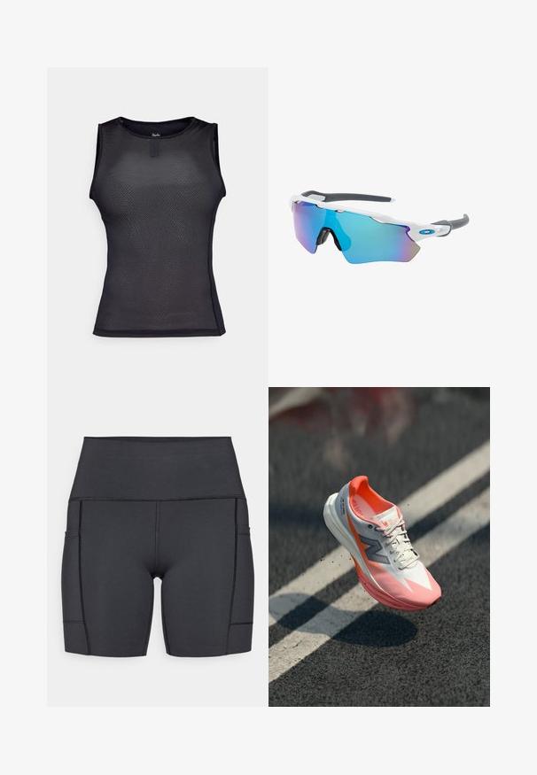 Svart ärmlös prestandatopp tillverkad av texturerat meshmaterial. Har en rund hals, en figurnära design och minimala sömdetaljer.; Svarta högmidjade shorts tillverkade av stretchigt material, med sidofickor, plana sömmar och en slät yta för komfort under aktiviteter.; Löparsko med en vit och rosa ovandel, med en nätstruktur, reflekterande detaljer och en dämpad sula. Lättviktig design för prestanda.; Solglasögon med vit ram, grå detaljer och blå spegelglas. Sportig design, omslutande form och justerbara näskuddar.