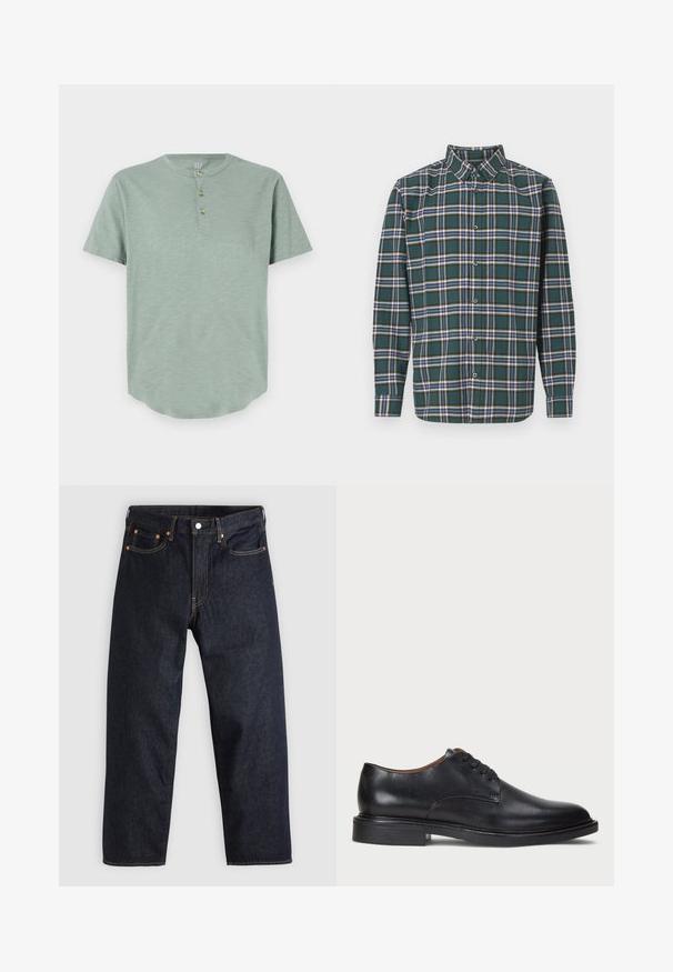 Mintgrønn kortermet henley-skjorte laget av mykt stoff, med rund halslinning og tre knappestolper med avrundet kant.; Grønn flanellskjorte med rutete mønster som har blå, hvite og sennepsgule linjer. Knapper foran og spiss krage. Lange ermer.; Mørkeblå denimjeans med rett snitt, fem lommer, kontrasterende oransjefarget søm, og glidelås med knapp. Ingen synlige mønster eller dekorasjoner.; Sorte skinnsko med rund tå, snøring og lav, stablet hæl. Glatt tekstur med minimale sømdetaljer.
