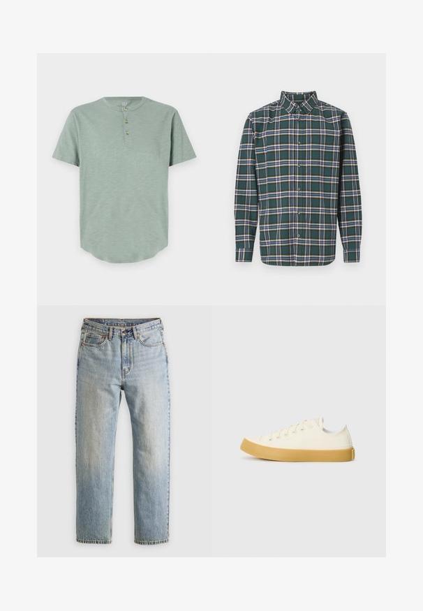 Camisa henley de manga corta color verde menta, confeccionada con una tela suave, que presenta un escote redondo y una tapeta de tres botones con un dobladillo redondeado.; Camisa de franela verde con un patrón a cuadros que presenta líneas en azul, blanco y amarillo mostaza. Con botones en el frente y cuello puntiagudo. Mangas largas.; Jeans de mezclilla azul claro de cintura alta, con botón frontal, cremallera y diseño de cinco bolsillos, dispuestos sobre un fondo neutro.; Zapatillas de lona en color blanco roto con punta redonda, que cuentan con suelas de goma beige y cinco ojetes para los cordones, acabado texturizado en la parte superior.