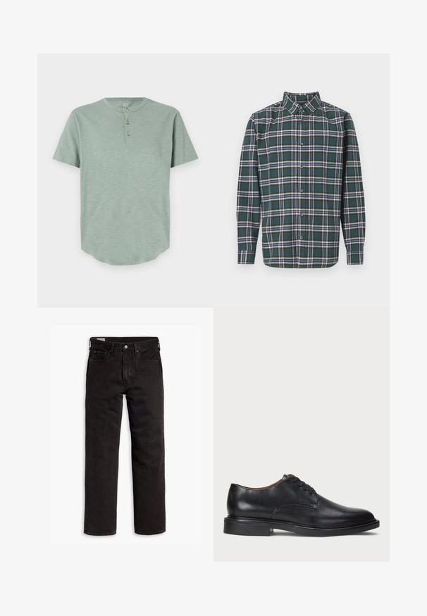 Mint green short-sleeve henley shirt made of soft fabric, featuring a round neckline and three button placket with rounded hem.; Green flannel shirt with a plaid pattern featuring blue, white, and mustard yellow lines. Buttoned front and pointed collar. Long sleeves.; Black straight-leg denim jeans with five pockets, button closure, and belt loops, laid flat on a white background.; Black leather dress shoe with a round toe, lace-up design, and a low stacked heel. Smooth texture with minimal stitching details.