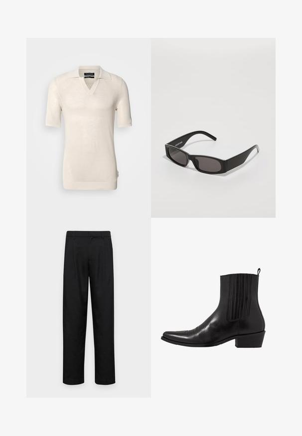 Pull court à manches courtes beige clair avec un col en V et un col plat. Fait de tissu tricoté texturé, présentant un motif subtil et une étiquette sur le côté.; Pantalons noirs en tissu lisse, avec une coupe droite, deux plis avant et une taille standard avec passants de ceinture.; Bottine noire en cuir avec un bout pointu, des panneaux latéraux élastiques, des accents de coutures verticales et un petit talon bloc.; Lunettes de soleil rectangulaires noires avec des verres sombres, une monture en plastique lisse et un logo subtil sur la tige gauche. Design minimaliste.