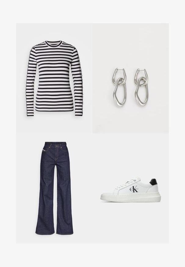 Koszula z długim rękawem z kontrastującymi czarno-białymi poziomymi paskami, okrągłym dekoltem i teksturowanymi akcentami na rękawach.; Ciemnoniebieskie dżinsy szerokie w nogawkach wykonane z denimu, z wysokim stanem, z pomarańczowymi przeszyciami, pięcioma kieszeniami i zapięciem na guzik.; Białe sneakersy typu low-top z czarnym paskiem na pięcie, platformą, sznurowadłami i logo "CK" marki Calvin Klein na boku.; Calvin Klein - Kolczyki