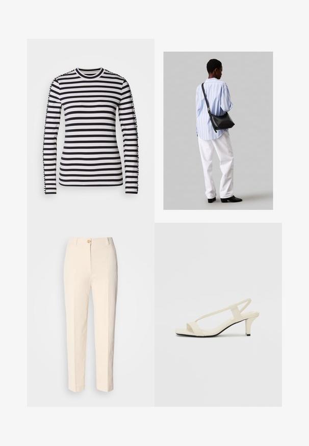 Koszula z długim rękawem z kontrastującymi czarno-białymi poziomymi paskami, okrągłym dekoltem i teksturowanymi akcentami na rękawach.; Kremowe, wysokie spodnie wykonane z teksturowanej tkaniny. Posiadają zapięcie na guzik z przodu oraz zwężające się nogawki.; Beżowe sandały na blokowym obcasie z cienkimi ramiączkami i kwadratowym noskiem. Gładki materiał z minimalną ilością detali, zaprojektowane z myślą o łatwym zakładaniu.; Czarna skórzana torba na ramię o miękkiej fakturze, w kształcie trójkąta, z regulowanym paskiem, połączona z jasnoniebieską koszulą w paski i białymi spodniami.