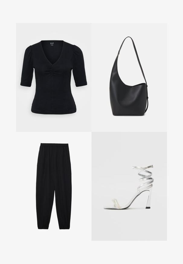 Black fitted top with a V-neck, short puff sleeves, and gathered detailing at the front. Made from soft, stretch fabric.; Black, lightweight pants with an elastic waistband and gathered ankles. The fabric is smooth and features a relaxed, tapered design.; Silver high-heeled sandal with a shiny strap design, featuring a pearl-like accent and a spiraled ankle strap for secure fit.; Black leather hobo bag with a smooth texture, curved shape, and single adjustable strap; features a wide opening at the top.