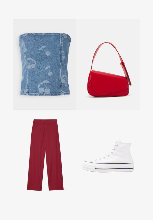 Denim strapless topp med en lys blå bakgrunn som har et subtilt kirsebærmønster. Strukturert design med sømkanter og en glatt tekstur.; Blomstrete bluse med lange pufferm, lys kremfarge, med lilla, oransje og grønne blomster mønstre, og klassisk kragedesign.; Vide ben bukser laget av glatt, teksturert stoff i en dyp rød farge. Har frontlommer og en enkelt knappelukking i midjen.; Hvit høy-skinn kanvas sneakers med svart gummisåle, gummitåhette foran og seks hull for snorer, med et rent, minimalistisk design.; Rød lærveske med en vinklet, geometrisk design. Har en enkelt justerbar stropp og en klaffelukking med sydd detaljer.