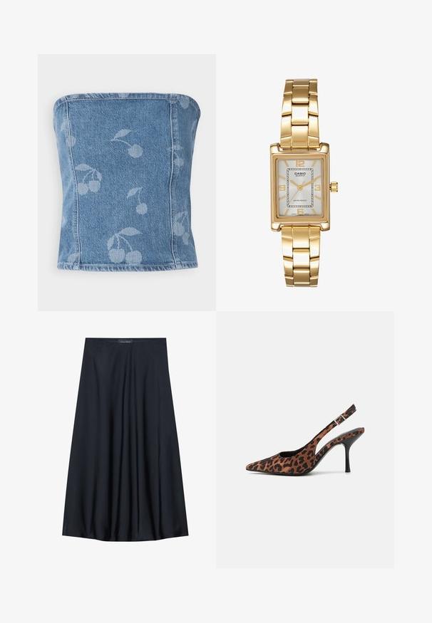 Džinsinis be petnešų viršus su šviesiai mėlynu fonu, kuriame yra subtilus vyšnių raštas. Struktūruotas dizainas su siūlėmis ir glotnia tekstūra.; Juoda, iki kelių siekianti sijonas, pagamintas iš lengvos medžiagos, turinčios sraunią struktūrą. Jame yra lygus paviršius ir subtilūs raukiniai, skirti papildomam akcentui.; Leopardų rašto slingback aukšti kulniukai su smailiu pirštu, juodu blizgiu kulnu ir reguliuojamu kulkšnies dirželiu. Minkšta medžiaga su tekstūruotu paviršiumi.; Aukso spalvos kvadratinis laikrodis su baltu ciferblatu, sidabro spalvos valandų žymekliais ir patvariu metaliniu apyrankiu. Įtrauktas vandeniui atsparus funkcionalumas.