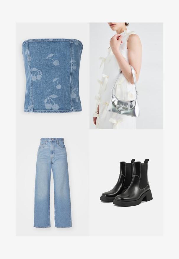 Denim strapless topp med en lys blå bakgrunn som har et subtilt kirsebærmønster. Strukturert design med sømkanter og en glatt tekstur.; Lys blå høytlivs vide jeans med knapp- og glidelås lukking foran, foran og bak lommer, på en hvit bakgrunn.; Sorte lær Chelsea støvler med en kraftig hæl, elastiske sidepaneler og kontrasterende hvid syning. Teksturert overflate.; Sølvmetallisk håndveske med en strukturert form, med en topphåndtak og sløyfedetalj foran. Glatt tekstur, reflekterende overflate.