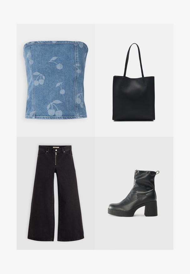 Kokvilnas bezpiedurkņu tops ar gaiši zilu fona krāsu, kurā ir diskreta ķiršu raksts. Strukturēts dizains ar izšūtām malām un gludu tekstūru.; Platas kājas džinsi melnā džinsa audumā ar rāvējslēdzēju priekšā, piecu kabatu dizains un smalkas šuvju detaļas. Gluda tekstūra un ikdienišķs stils.; Melni potītes zābaki, kas izgatavoti no gludas ādas, ar sānu rāvējslēdzēju, masīvu strukturētu papēdi un noapaļotu purngalu.; Melnas ādas somiņa ar gludu tekstūru, taisnstūra formu un divām garām rokturiem. Nav redzamu aparatūras vai rotājumu.