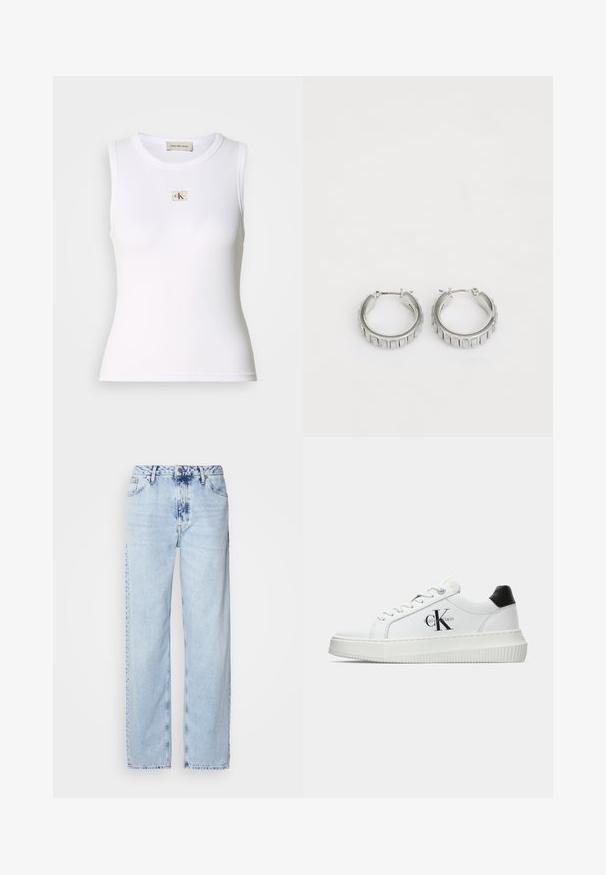 Fehér ujjatlan meztelen póló, kerek nyakkivágással. A mellrészen egy kis CK logó található négyzet alakú folton. Rugalmas bordás anyag.; Egy világos kék, bő szárú farmernadrág, magas derekú, elhalványult mosással és finom batikolt mintával az elején.; Fehér alacsony szárú edzőcipő fekete saroktabbal, platform talppal, fűzőkkel és Calvin Klein "CK" logóval az oldalán.; Ezüst fülbevalók, texturált mintával, függőleges barázdákkal. Kerek forma, biztos záródással. Sima felület.
