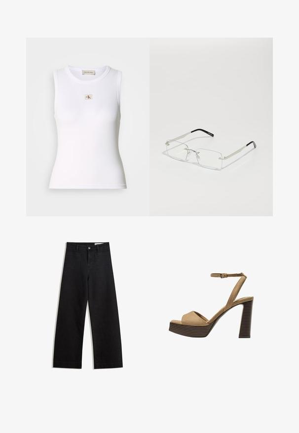 Valkoinen ilman hihoja oleva jersey-toppi, jossa on pyöreä pääntie. Rintamuksessa on pieni CK-logo neliömäisessä tikkauksessa. Venytettävä ribbitekstuuri.; Mustat leveät farkut korkealla vyötäröllä, joissa on etu- ja takataskut, ommellut saumat ja nappisuljenta. Silkinoinen rakenne.; Beige-nahkareunaiset korkokengät, joissa on leveä etuolka ja ankle strap, varustettu paksulla puukengän korolla, jossa on tekstuuripinta.; Suorakulmaiset, kirkaslinssiset lasit, joissa on ohut hopeanvärinen metallikehys ja mustat asetaattisovitukset. Ominaisuuksina minimaaliset osat, jotka luovat sulavalinjaisen muotoilun.; Tummanruskea nahkainen käsilaukku, joka on löysän muotoinen, leveällä aukolla ja yhdellä olkahihnalla. Koristeena on huomaamatonta ommeltua yksityiskohtaa.
