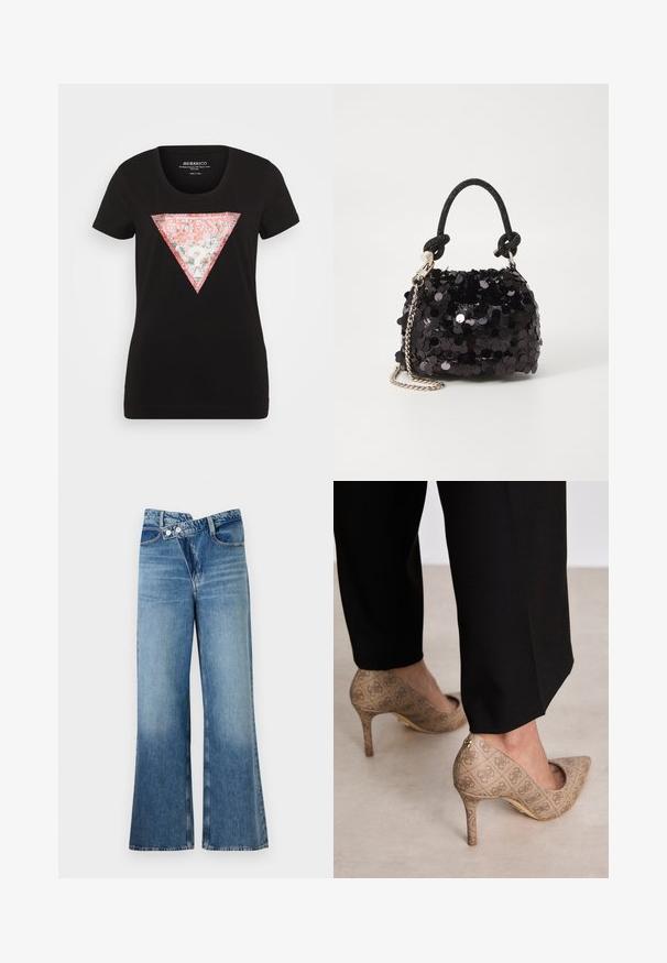 Black short-sleeve T-shirt featuring a pink and white triangular graphic with the word "GUESS?" and decorative patterns. Cotton fabric.; Light blue denim flared jeans with a high waist, featuring two buttons and front pockets. Fabric has a faded texture with subtle variations.; Beige high-heeled shoes with a textured fabric featuring a repeating pattern. Pointed toe design with a back accent and gold heel detail.; Black sequin mini handbag with a knotted textured strap and silver chain. Rounded shape with gathered top and reflective detailing.