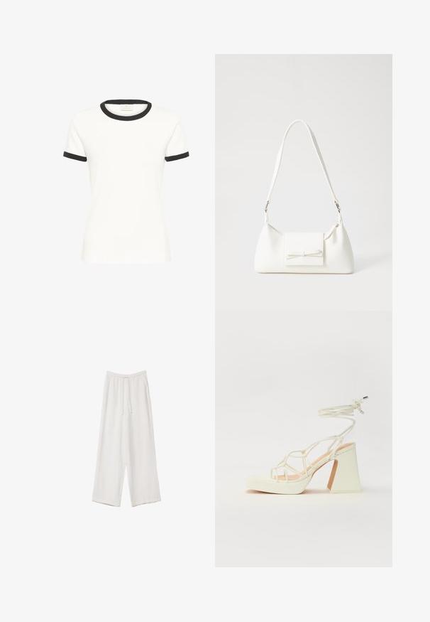 Bela bombažna majica s črnimi obrobami okoli ovratnika in rokavov. Kratki rokavi, klasičen kroj, gladka tekstura in brez vidnih vzorcev.; Bele široke hlače iz lahkega materiala. Imajo elastičen pas s vrvico in stranske žepe. Gladka tekstura.; Bela sandala na visokih petah s debelim petam, ki ima obliko trakcev in vezanje okoli gležnja. Gladka tekstura z platformo spredaj za dodatno višino.; Bela sintetična torbica v obliki trikotnika, z ravnim sprednjim poklopcem in detajlom mašne, nastavljivim trakom, gladko teksturo in minimalističnim dizajnom.