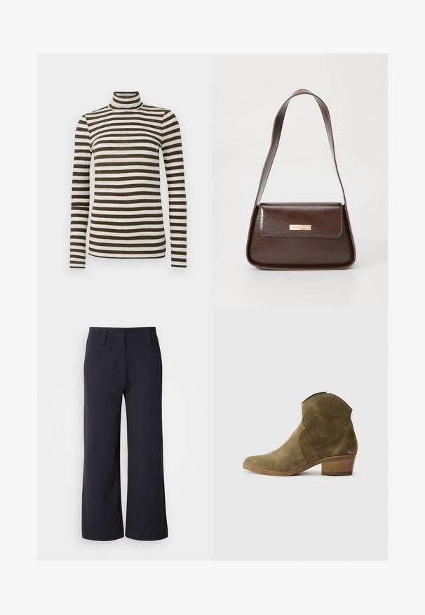 Long-sleeve turtleneck top in dark olive and white horizontal stripes, made of a soft, lightweight fabric. Features a fitted design.; Wide-leg trousers in dark navy fabric. Features a flat front, belt loops, and side pockets. The material is smooth with a slight stretch.; Olive green suede ankle boots with a pointed toe, curved detailing on the sides, and a stacked heel. Smooth texture, minimalist design.; Brown leather shoulder bag with a structured shape, featuring a magnetic flap closure and a metallic logo accent on the front.