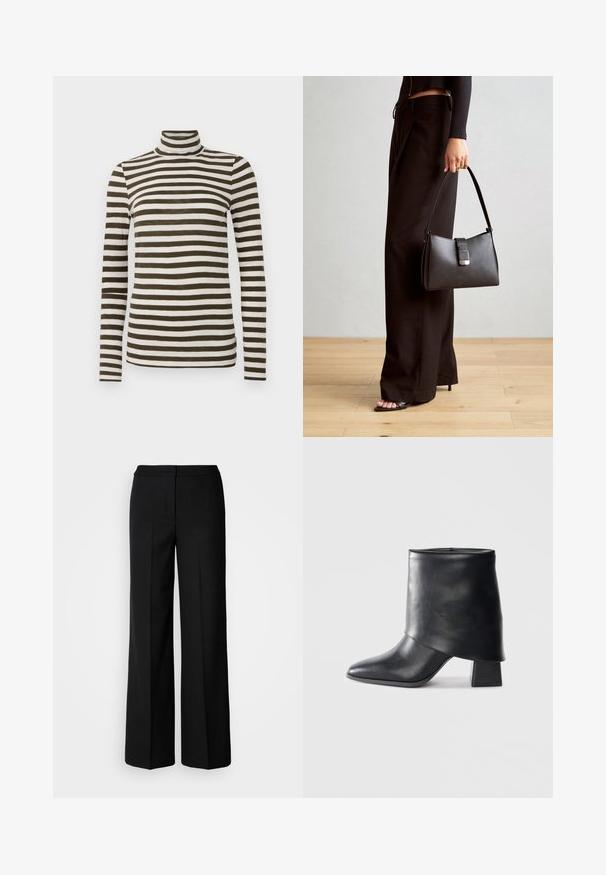 Langsleeve coltruik in donkerolijf met witte horizontale strepen, gemaakt van een zachte, lichte stof. Heeft een getailleerd ontwerp.; Zwarte wijde broek van een gladde stof, met een hoge taille, nauwkeurig gestikte naden en een minimalistisch ontwerp. Geen zichtbare hardware of zakken.; Zwarte leren enkellaars met een spitse neus, een zachte textuur en een gestructureerde blokhak. Kenmerkt zich door een hoge, gevouwen kraag.; Zwarte handtas met gestructureerde vorm, gladde textuur en een metalen sluiting. Gecombineerd met brede zwarte broeken en sandalen met open teen op een houten vloer.
