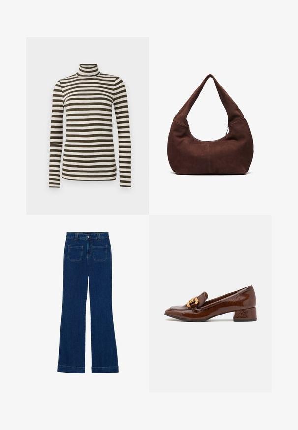 Long-sleeve turtleneck top in dark olive and white horizontal stripes, made of a soft, lightweight fabric. Features a fitted design.; Denim flared jeans in dark blue with a smooth texture, five-pocket design, and a button closure at the waist.; Brown leather loafers with a glossy finish, featuring a decorative gold buckle on the front and a low block heel. Classic design.; Brown suede hobo bag with a curved, wide handle and a large opening. Soft texture with visible stitching detailing along the edges.