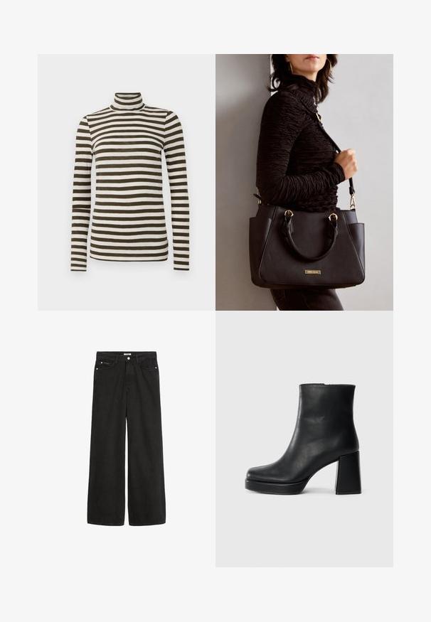 Maglione a maniche lunghe con collo alto in verde oliva scuro e righe orizzontali bianche, realizzato in un tessuto morbido e leggero. Presenta un design aderente.; Jeans in denim nero a gamba larga con vita alta. Presentano cinque tasche, accessori metallici e una finitura pulita. La texture è liscia e morbida.; Stivale alla caviglia in pelle nera con tacco a blocco e suola platform, visto di lato su uno sfondo bianco uniforme.; Borsa nera con superficie texturizzata, manici superiori doppi e tracolla regolabile. Dotata di hardware color oro e tasche laterali.