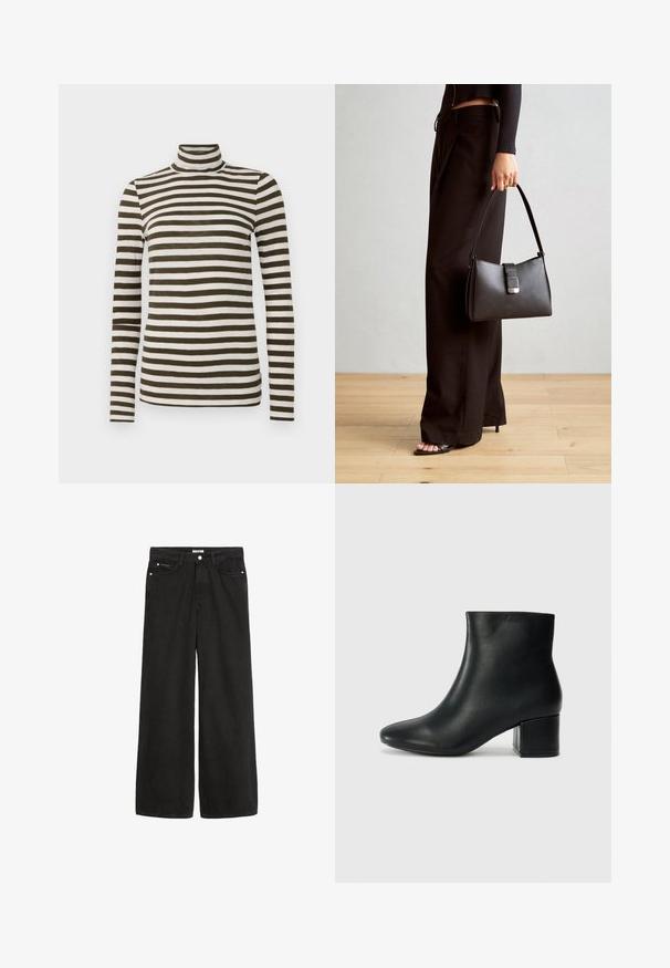 Langärmliges Rollkragenoberteil in dunkeloliv mit weißem horizontalem Streifenmuster, aus einem weichen, leichten Stoff gefertigt. Verfügt über eine taillierte Passform.; Schwarz denim Weitbein-Hose mit hoher Taille. Verfügt über fünf Taschen, Metallbeschläge und eine saubere Verarbeitung. Die Textur ist glatt und weich.; Schwarze Leder-Ankle-Boots mit spitzem Zehenbereich und klobigem Absatz. Glatte Textur mit minimalen Akzenten und einem eleganten, taillierten Design.; Schwarze Handtasche mit strukturierter Form, glatter Textur und einem metallischen Verschluss. Kombiniert mit weiten schwarzen Hosen und offenen Sandalen auf einem Holzboden.
