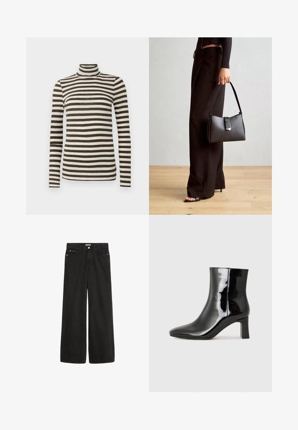 Langärmliges Rollkragenoberteil in dunkeloliv mit weißem horizontalem Streifenmuster, aus einem weichen, leichten Stoff gefertigt. Verfügt über eine taillierte Passform.; Schwarz denim Weitbein-Hose mit hoher Taille. Verfügt über fünf Taschen, Metallbeschläge und eine saubere Verarbeitung. Die Textur ist glatt und weich.; Schwarzer Lackleder-Stiefelette mit spitzer Zehe und einem mittelhohen Blockabsatz. Glatte Textur und minimalistisches Design.; Schwarze Handtasche mit strukturierter Form, glatter Textur und einem metallischen Verschluss. Kombiniert mit weiten schwarzen Hosen und offenen Sandalen auf einem Holzboden.