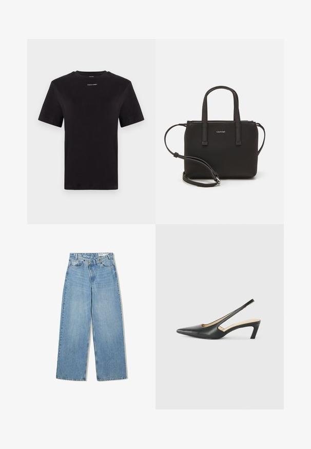 Sort bomulds t-shirt med korte ærmer, rund halsudskæring og lille hvid "Calvin Klein" logo på brystet. Glat tekstur, klassisk pasform.; Lyseblå vide denimjeans med høj talje, fem lommer, knaplukning og diskret falmning for tekstur.; Sorte spidse slingback-sko med en lav hæl, lavet af glat læder og med udskæringer på siden for åndbarhed.; Sort håndtaske med to korte håndtag og en aftagelig skulderrem. Glat læderagtigt materiale med lynlåslukning og logo detaljer.