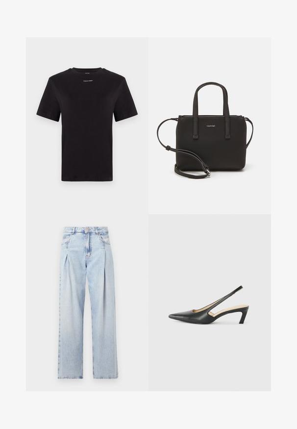 Juodas medvilninis marškinėliai trumpomis rankovėmis, apykaklė, su mažu baltu "Calvin Klein" logotipu krūtinėje. Lygus paviršius, klasikinis siluetas.; Šviesiai mėlyni džinsai su aukštu liemeniu, plačiomis kojomis, dviem šoninėmis kišenėmis ir raukinių dizainu. Minkšta tekstūra su nudilusia apdaila.; Juodas smailus slingback batelis su žemu kulnu, pagamintas iš lygaus odos paviršiaus ir su išpjovomis šone, užtikrinančiomis oro pralaidumą.; Juoda rankinė su dviem trumpais rankenėlėmis ir nuimamu petį. Lygaus odos tipo medžiaga su užtrauktuku ir logotipo detale.