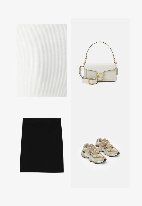 Tessuto bianco a coste con una morbida texture, caratterizzato da linee verticali e una finitura liscia. Adatto per diverse applicazioni di abbigliamento.; Camicia bianca a maniche lunghe in cotone con bottone centrale, colletto classico e orlo arrotondato, caratterizzata da una vestibilità rilassata e priva di motivi.; Gonna nera mini realizzata in tessuto morbido con un design aderente, caratterizzata da una leggera apertura sul lato per un tocco di stile in più.; Sneaker beige realizzate in materiali mesh e suede. Presentano un logo nero e dettagli testurizzati. Suola intermedia spessa bianca e suola esterna in gomma nera.; Borsa a tracolla in pelle bianca con dettagli in oro, dotata di chiusura a patta e tracolla regolabile e rimovibile. Accento metallico arrotondato al centro.