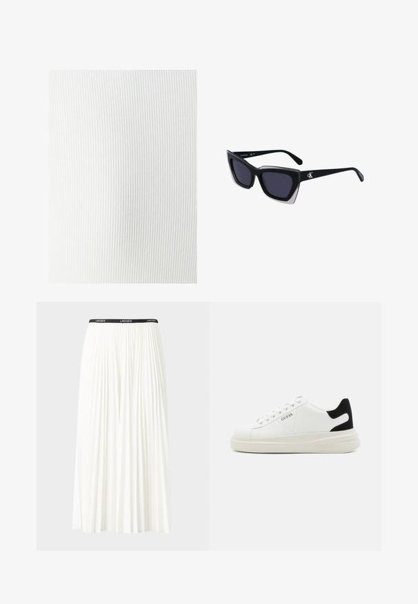 Witte ribstof met een zachte textuur, voorzien van verticale lijnen en een gladde afwerking. Geschikt voor verschillende kledingtoepassingen.; Plisséminirok in het wit met een zwarte elastische tailleband met het "LACOSTE"-logo. Middellange ontwerp met een zachte textuur.; Witte leren sneakers met een dikke witte zool, zwarte suède hielaccent en een geperst logo op de zijkant. Vetersluiting met zes oogjes.; Zwarte oversized zonnebril met een geometrische vorm, voorzien van donkere glazen en een contrasterend grijs detail op het montuur. Logo op de arm.