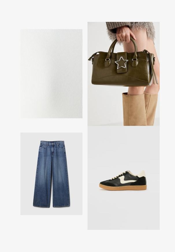 Balta ribota auduma ar mīkstu tekstūru, kuram ir vertikālas līnijas un gluda apdare. Piemērots dažādām apģērbu vajadzībām.; Platām kājām zila denima bikses ar izbalējušu apdari, ar pogu un rāvējslēdzēju, pieciem kabatām un jostu cilpām.; Melna zamšāda un ādas sporta apavi ar krēmkrāsas sānu svītru un gaiši krēmkrāsas papēdi. Ar beigu krāsas auklām un gumijas zole.; Olive zaļš mākslīgās ādas rokassomu ar sudraba zvaigznes akcentu, divām rokturiem un rāvējslēdzēja aizdari. Strukturēta forma un teksturēta virsma.