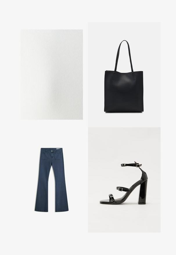 Fehér bordás anyag, puha tapintással, függőleges vonalakkal és sima felülettel. Különböző ruházati alkalmazásokhoz alkalmas.; Sötétkék, bőszárú farmernadrág, varrott zsebekkel, gombos záródással és sima felülettel. Klasszikus ötpocket dizájnnal rendelkezik.; Fekete lakk magas sarkú szandál négyzet alakú orral, bokapántokkal és ezüst csatokat tartalmaz. Masszív blokk sarka a stabilitásért felel.; Fekete bőrtáska sima felszínnel, téglalap alakú, két hosszú füllel. Nincs látható fémkiegészítő vagy díszítés.