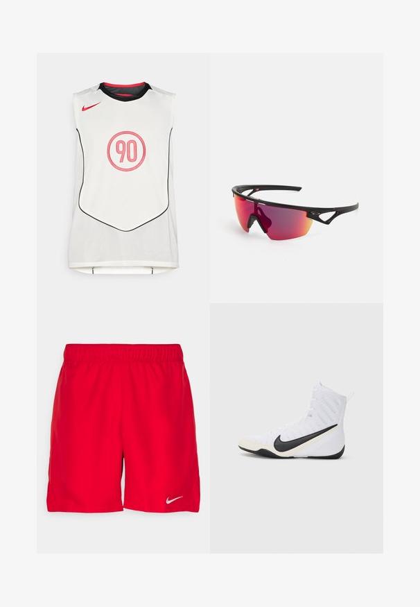 Hvit ermeløs sportstrøye med svart kant, rød Nike swoosh og et rødt "90" inni en sirkel i midten foran.; Røde treningsshorts med elastisk midjebånd, laget av lett materiale. Har en liten sølvfarget Nike-logo nederst til venstre.; Nike treningstøvel i hvitt med svart swoosh. Har en høy-top design, teksturert overdel og en slitesterk gummisåle.; Svarte sportssolbriller med full omramming, med gradient røde linser og distinkte utskjæringer i rammen.