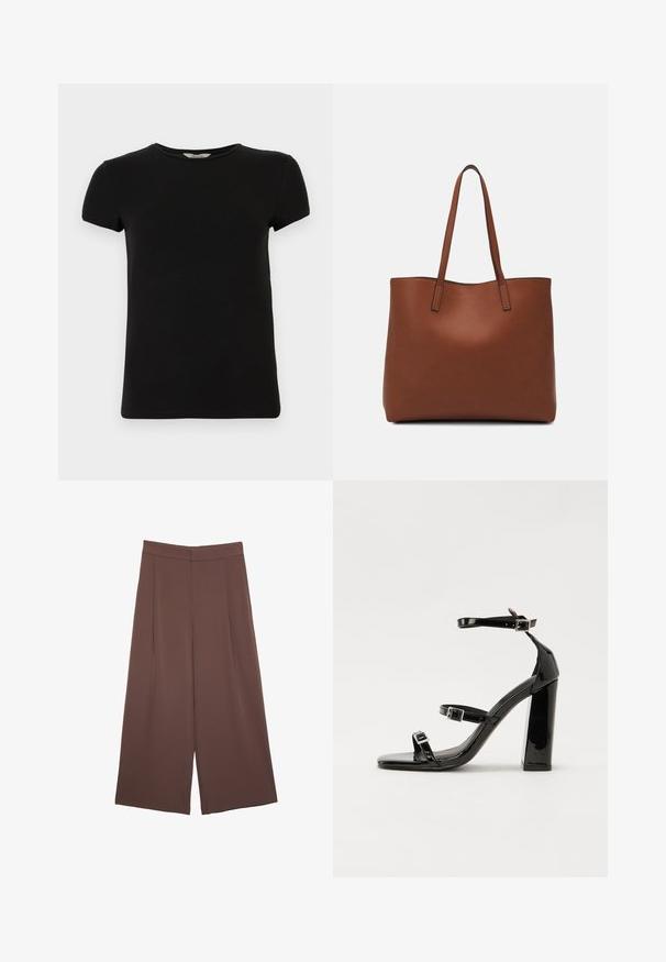 Čierne tričko s krátkym rukávom a okrúhlym výstrihom, vyrobené z hladkej bavlnenej látky, s jednoduchým dizajnom a bez viditeľných vzorov alebo akcentov.; Hnedé nohavice so širokými nohavicami a hladkou textúrou, s vysokým pásom a prednými skladmi. Tkanina je ľahká a voľne sa pohybuje.; Čierne lakované sandále na vysokom opätku s dvoma prackami, štvorcovou špičkou a hrubým blokovým opätkom, s hladkou, lesklou textúrou.; Hnedá kožená taška na rameno s hladkou textúrou, otvoreným vrchom a dvoma ramenými popruhmi. Má minimálne šitia a žiadne viditeľné kovania.