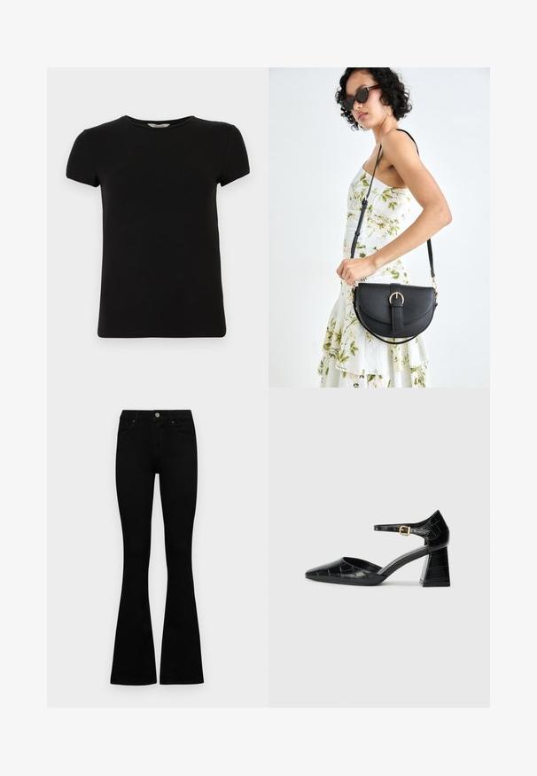 Tricou scurt negru, cu maneci scurte și decolteu tip crew, confecționat dintr-un material de bumbac neted, având un design simplu și fără modele sau accente vizibile.; Jeans negri cu talie înaltă, cu închidere prin nasture și fermoar, buzunare frontale și picioare evazate, așezați pe un fundal alb.; Pantofii negri din piele lăcuită cu toc înalt, vârf ascuțit, curea la gleznă și model texturat de crocodil. Design cu toc pătrat.; Geantă din piele neagră, cu o formă curbată, curea detașabilă și accesorii aurii. Geanta are un capac cu un detaliu tip cataramă.