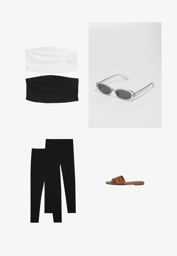 Twee elastische haarbanden: één witte en één zwarte. Beide zijn gemaakt van zacht, rekbaar stof met een gladde textuur en een naadloos ontwerp.; Zwarte leggings van rekbaar materiaal, met een naadloze tailleband en een slank ontwerp, geschikt voor casual wear of lichaamsbeweging.; Bruine leren slide sandaal met gekruiste banden, platte zool en een gladde textuur. Eenvoudig ontwerp zonder versieringen of patronen.; Zonnebril met een ovale vorm, helder plastic montuur, donkergrijze glazen en dunne transparante pootjes met logo-accenten en minimale details.