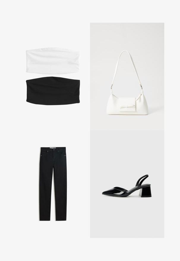 Zwei elastische Haarbänder: eines in Weiß und eines in Schwarz. Beide bestehen aus weichem, dehnbarem Stoff mit einer glatten Textur und nahtlosem Design.; Schwarze Jeans mit geradem Bein, fünf Taschen, Metallknopfverschluss und dezenten Nähten. Glatte Textur.; Schwarze Lackleder-Slingback-High Heels mit spitzem Schuh und einem geometrischen Blockabsatz. Verfügt über ein schlankes, minimalistisches Design und eine glatte Textur.; Weiße synthetische Handtasche in dreieckiger Form, flache Vorderklappe und Schleifendetail, verstellbarer Trageriemen, glatte Textur und minimalistisches Design.