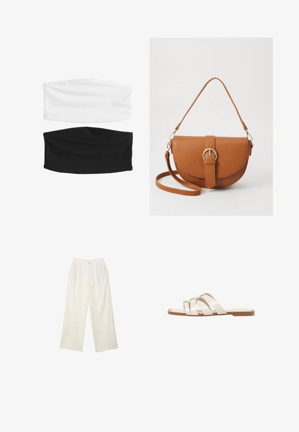 Zwei elastische Haarbänder: eines in Weiß und eines in Schwarz. Beide bestehen aus weichem, dehnbarem Stoff mit einer glatten Textur und nahtlosem Design.; Helle Stoffhose mit weitem Bein und glatter Textur, ausgestattet mit einem einzelnen Knopf vorne, dezenten Falten und einem Hochbund-Design.; Flache Sandalen mit einer honigfarbenen Gummisohle, gestaltet mit drei überlappenden weißen Lederriemen und einem kleinen Schleifendetail in der Mitte.; Braune Leder-Crossbody-Tasche mit geschwungener Form, goldfarbenen Beschlägen und einer Schnallenakzentuierung. Verfügt über einen abnehmbaren Schultergurt.