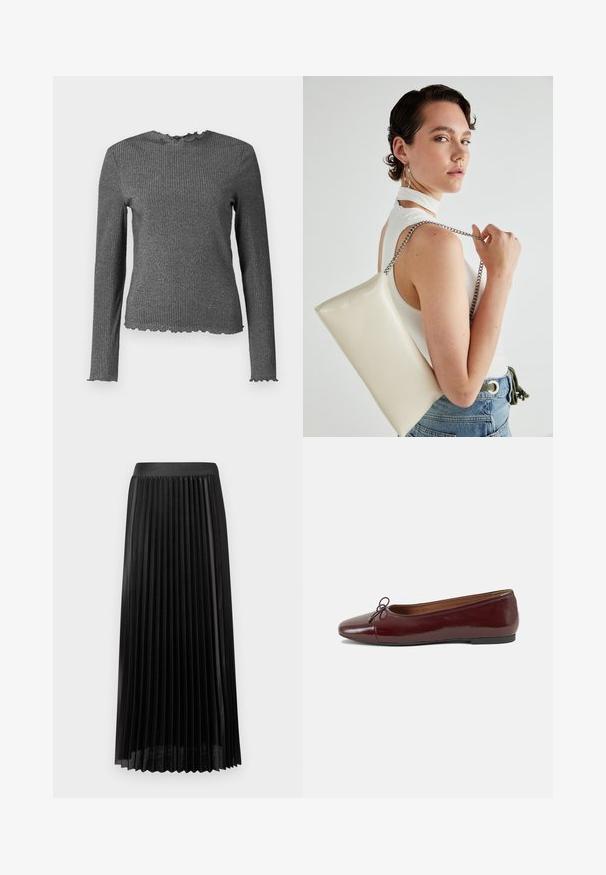 Top de malha canelada, de manga longa, cinza escuro, com punhos, decote e bainha com acabamento em alface.; Saia preta plissada com uma cinta suave, feita de tecido leve. Apresenta pregas verticais nítidas e um design até ao meio da panturrilha.; Bailarinas em couro sintético borgonha com bico redondo, pequeno laço na frente e sola baixa em borracha preta. Textura suave.; Bolsa de mão retangular branca, feita de material brilhante, com uma alça em corrente prateada. Modelo posa, exibindo a bolsa contra um fundo simples.