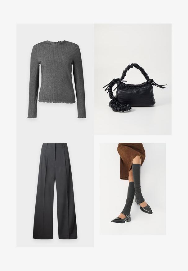 Dug madica, tamno siva rebrasta pletenina s rubovima od salate na manžetama, izrezima i donjem rubu.; Hlače širokih nogavica u tamnosivoj tkanini, s visokim strukom, jednim naborom i glatkom teksturom s urednim završetkom na rubovima.; Crne lakirane cipele s šiljastim prstima, blok-petom i remenom oko gležnja, uparene s sivim rebrastim čarapama do koljena i smešnom suknjom od antilopa.; Crna torba od umjetne kože s teksturom krokodila, s cinčanim vrhom i naboranom trakom. Izgleda mekano i kompaktno u dizajnu.