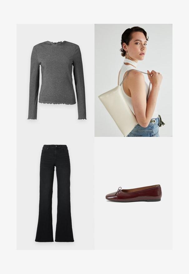 Langärmliges, dunkelgraues, geripptes Strickoberteil mit gesäumten Ärmeln, Halsausschnitt und Saum.; Schwarze hochgeschnittene Schlagjeans mit vorderen Taschen, Gürtelschlaufen und Knopfverschluss vor einem weißen Hintergrund.; Burgunderfarbenes, lackiertes Ballettschuh mit abgerundetem Zehenbereich, kleiner Schleifenakzent vorne und einer niedrigen, schwarzen Gummisohle. Glatte Textur.; Weiße rechteckige Clutch aus glänzendem Material mit einem silbernen Kettenriemen. Das Model posiert und präsentiert die Tasche vor einem schlichten Hintergrund.