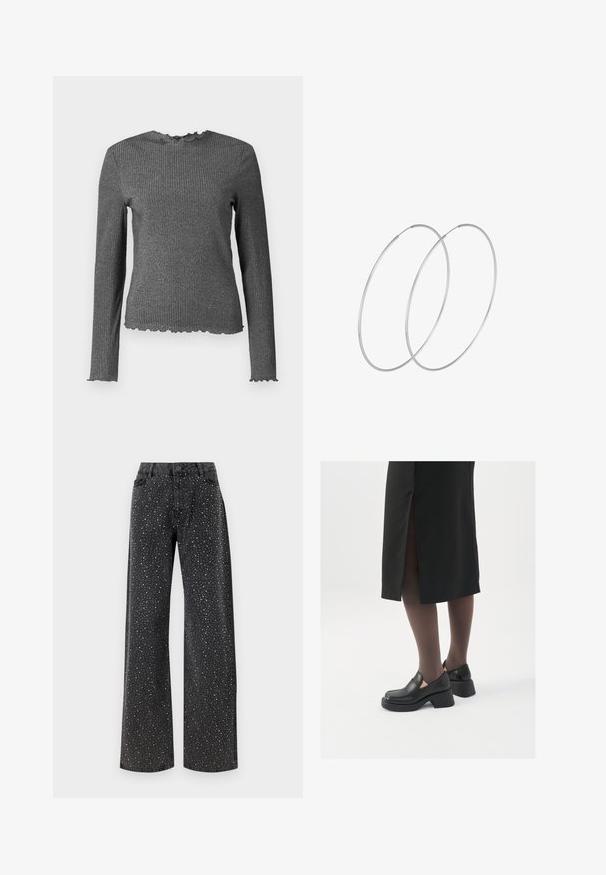 Long-sleeve, dark gray ribbed knit top with lettuce-edge cuffs, neckline, and hem.; Noisy May NMJANNEL LOOSE - Relaxed fit jeans - black denim; Black leather shoes with a rounded toe, thick block heel, and elastic side accents, paired with dark tights and a black skirt with a slit.; Silver hoop earrings with a minimalist design. Circular shape, smooth texture, and thin profile. Lightweight with a polished finish.