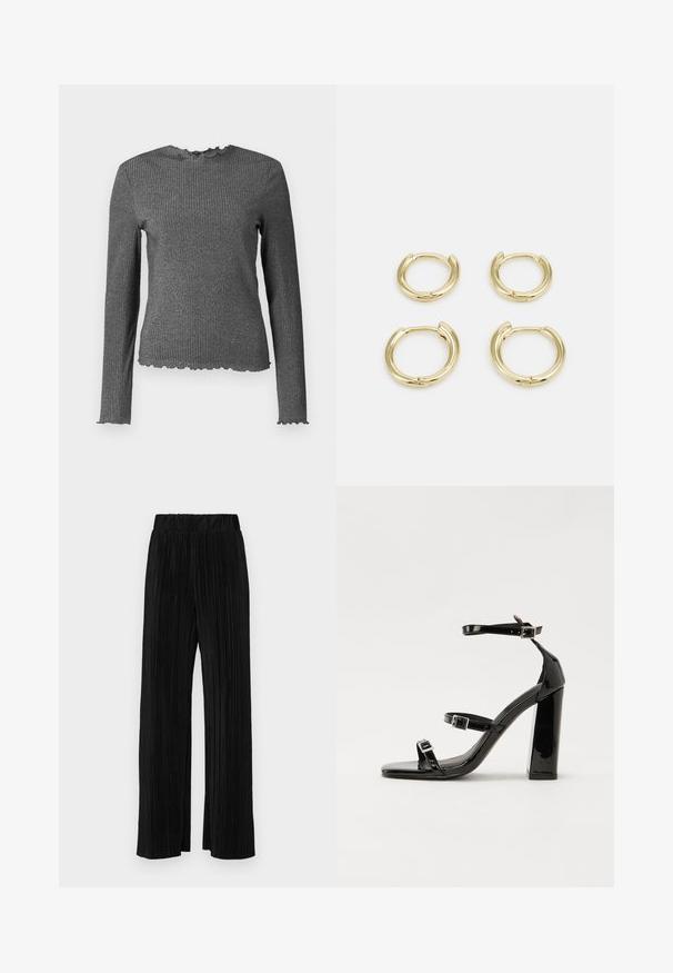Dlhý rukáv, tmavosivý pruhovaný úpletový vrch s okrajmi vo forme hlávkového šalátu na manžetách, výstrihu a lemovaní.; Čierne plisované nohavice s elastickým pásom. Majú široké nohavice a hladkú, textúrovanú látku s vertikálnymi pruhmi.; Čierne lakované sandále na podpätku so štvorcovou špičkou, navlečenými remienkami okolo členku a striebornými prackami. Disponujú masívnym blokovým podpätkom pre stabilitu.; Zlaté kruhové náušnice, štyri kusy, hladký povrch, zaoblený dizajn, rôzne veľkosti, s pántovým uzáverom pre jednoduché nosenie.