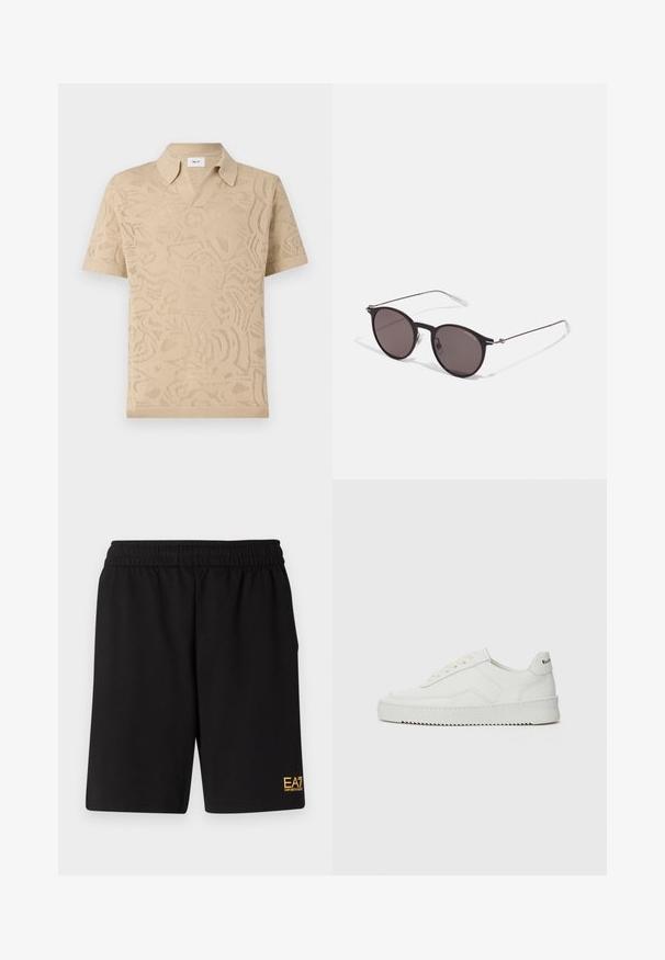 NN.07 RYAN - Print T-shirt - sand; Black athletic shorts made of soft fabric,Featuring an elastic waistband and a small yellow EA7 logo on the lower left leg.; White leather sneaker with a smooth finish, round toe, flat laces, and a textured sole. Features a subtle logo on the heel.; Black round sunglasses with dark lenses and slim metal arms. Includes clear temple tips and silver accents at the hinge. Minimalist design.