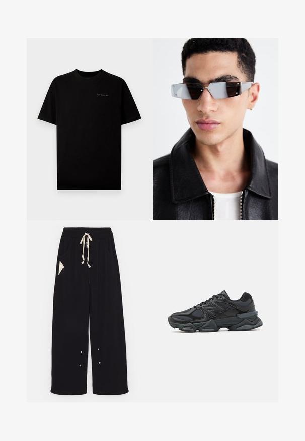 Črna bombažna majica s kratkimi rokavi in okroglo izrezom. Na prsih je majhen izvezen logo "Last Resort AB" v svetli barvi.; Črne široke hlače iz mehkega blaga z elastičnim pasom na vrvico, stranskimi žepi in trikotnim dodatnim žepom. Vključeni so srebrni detajli.; Črne tekaške superge, ki združujejo mrežaste in sintetične materiale, imajo debel podplat, ukrivljen oblikovni slog ter izrazito blagovno znamko na strani.; Angularne sončne očala s sivim tonom in srebrnim okovjem, postavljena na svetli podlagi. Leče imajo edinstveno geometrijsko obliko.