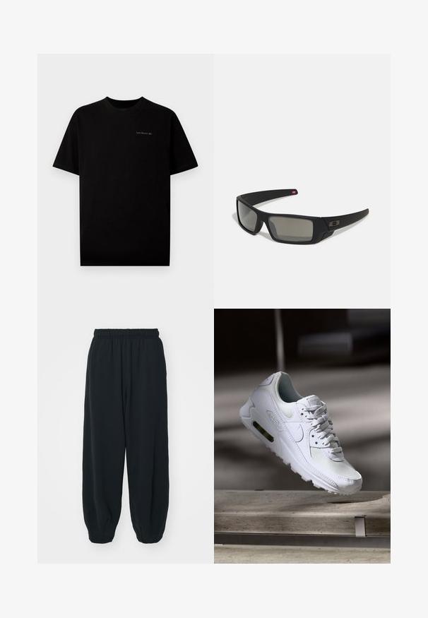Melna kokvilnas T-krekls ar īsām piedurknēm un apaļu apkakli. Uz krūtīm ir mazs logo "Last Resort AB", izšūts gaišā krāsā.; Melnas sporta bikses ar elastīgu jostasvietu, brīvu piegriezumu, aprocēm ap potītēm, gludu tekstūru, un bez redzamām rakstu vai aparatūras akcentiem.; Baltas Nike Air Max 90 sporta apavi ar sietu un ādas augšdaļu, caurspīdīgu pirksta daļu un redzamu gaisa vienību papēdī.; Melni saulesbrilles ar matētu apdari, taisnstūra lēcām, nedaudz izliektiem tempļiem, smalkiem logotipa elementiem un dūmu nokrāsas lēcām.
