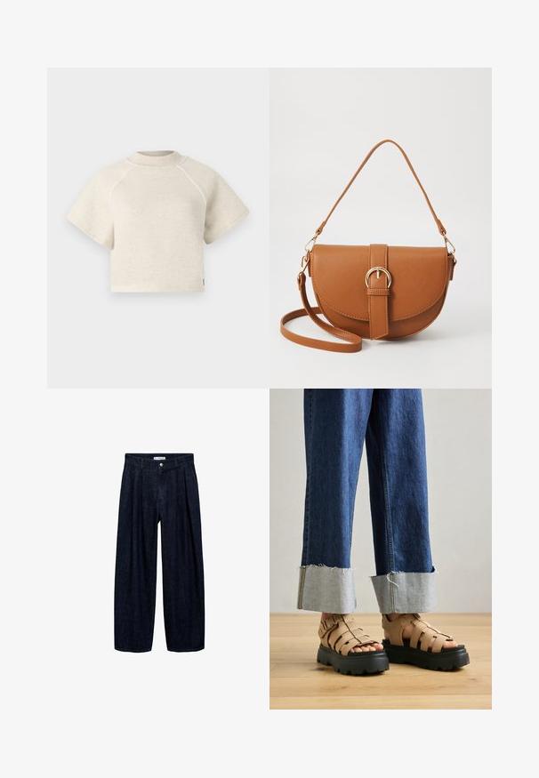 Zkrácená krátká tričko z světlého béžového materiálu s jemnou texturou. Obsahuje žebrovaný výstřih a kontrastní švy.; Tmavě modré rozšířené kalhoty z denimu s přehyby v pase, vybavené předním knoflíkem a poutky na opasek. Hladká textura a design v plné délce.; Béžové platformové sandály s tlustými černými podrážkami, které mají několik popruhů pro oporu. Spárováno se světle modrými džíny s ohrnutými nohavicemi.; Hnědá kožená křížová taška s zakřiveným tvarem, zlatými detaily a akcentem s přezkou. Obsahuje odnímatelný popruh na rameno.