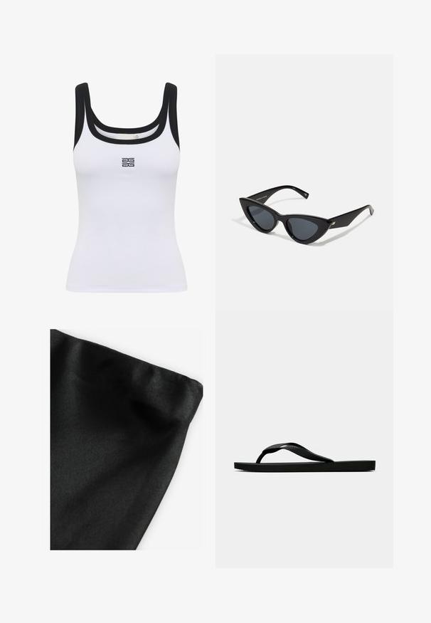Valkoinen ribattua kangasta oleva hihaton paita, jossa on pyöreä pääntie ja musta reunus. Ominaisuuslogo on keskitetty etupuolelle. Kangas näyttää pehmeältä ja istuvalta.; Musta kangas, jossa on sileä pinta ja taitettu reuna. Materiaali näyttää hieman kiiltävältä ja siinä on tasainen pinta ilman kuvioita tai korostuksia.; Musta kumisaapas sandaali, jossa on teksturoitu thong-hihna ja yksinkertainen litteä pohja, esitetty sivustolta vaalealla taustalla.; Kissansilmälasit, joissa on kiiltävä musta muovikehys, tummat linssit ja kultaiset yksityiskohdat temppeleissä. Kulmikas muotoilu tyylikkäillä viivoilla.; Mustassa nahkaisessa olkalaukussa on kaareva muoto, säädettävä hihna, kultaiset metalliosat ja sileä tekstuuri.