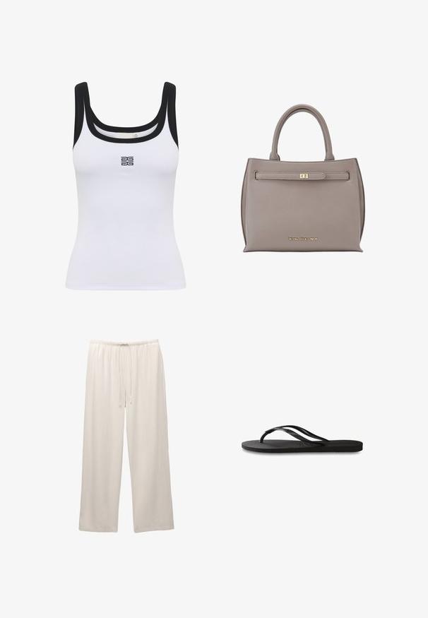 Witte geribbelde tanktop met een ronde hals en zwarte afwerking. Een logo staat gecentreerd op de voorkant. De stof lijkt zacht en aansluitend.; Lichtgekleurde, wijdvallende broeken gemaakt van zachte stof met een elastische tailleband en verstelbaar trekkoord voor comfort.; Zwarte flip-flop met een gestructureerde rubberen zool, twee slanke banden en een subtiele, ingedrukte logo-detail op de band.; Grijze leren handtas met een gestructureerde vorm, dubbele handvatten, een voorsluiting met een gouden gesp en een geperst logo aan de onderkant.